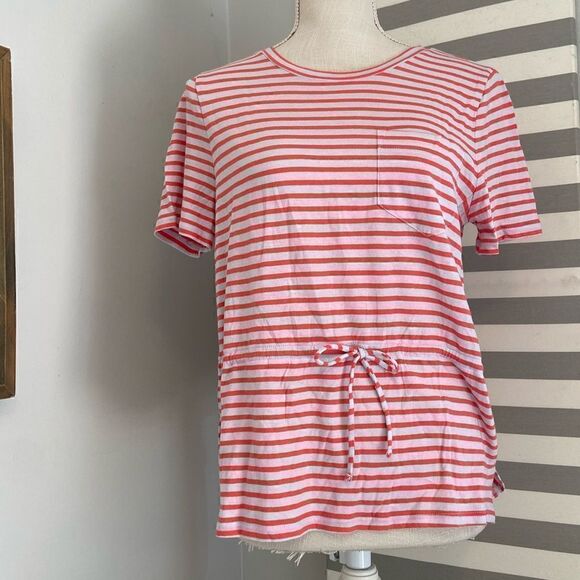 J. Crew Coral & White Striped Tie-Waist Pocket T-Shirt Blouse Size Medium NWT - Picture 1 of 10